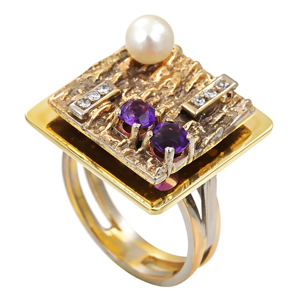 Ring, 14k, Gelbgold, Amethyst, Perle, Diamant Detailbild #1