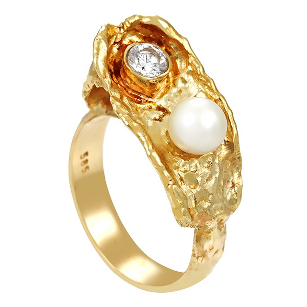 Ring, 14K, Gelbgold, Perle, Zirkonia Detailbild #1