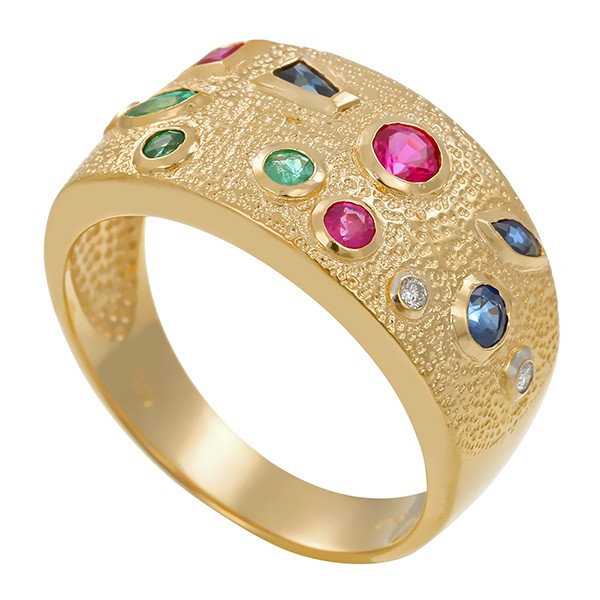 Ring, 14K, Gelbgold, Brillant, Rubin, Smaragd, Saphir Detailbild #1