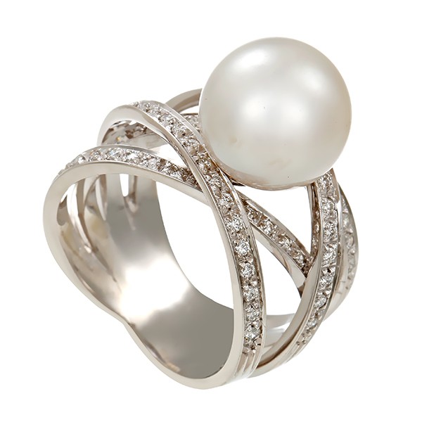 Ring, 18K, Weißgold, Perle, Brillanten Detailbild #1