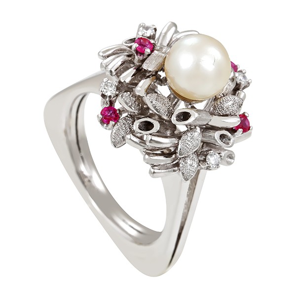 Ring, 14K, Weißgold, Perle, Rubine, Brillanten Detailbild #1