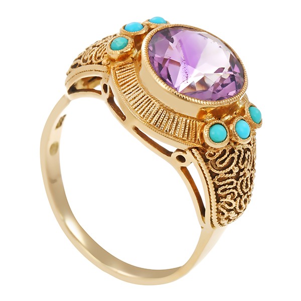 Ring, 14K, Gelbgold, Amethyst, Türkis Detailbild #1